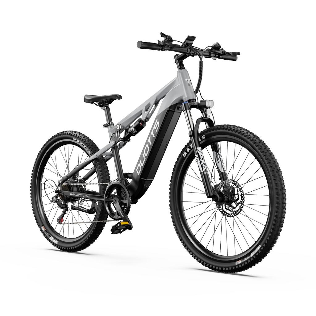 DUOTTS E29 electric bicycle, Bafang 250W motor, 48V 13.5Ah battery, full suspension, 27.5-inch tires, hydraulic brakes, range of 45-90 kilometers.