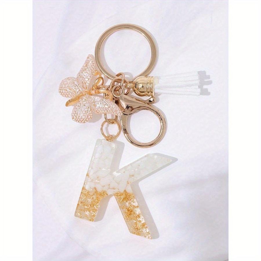 Cute Initial Letter Keyrings White Keychen, Capital Alphabet Gold Foil Resin Keychain Charm with Butterfly Tassel Pendant, Thanksgiving