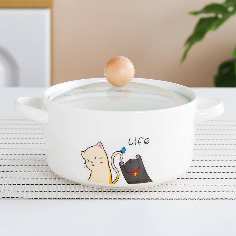 Креативная бинауральная керамическая миска для лапши быстрого приготовления с крышкой Большая суповая миска Домашний суповой таз Одинарная студенческая общежитская рисовая миска Салатник