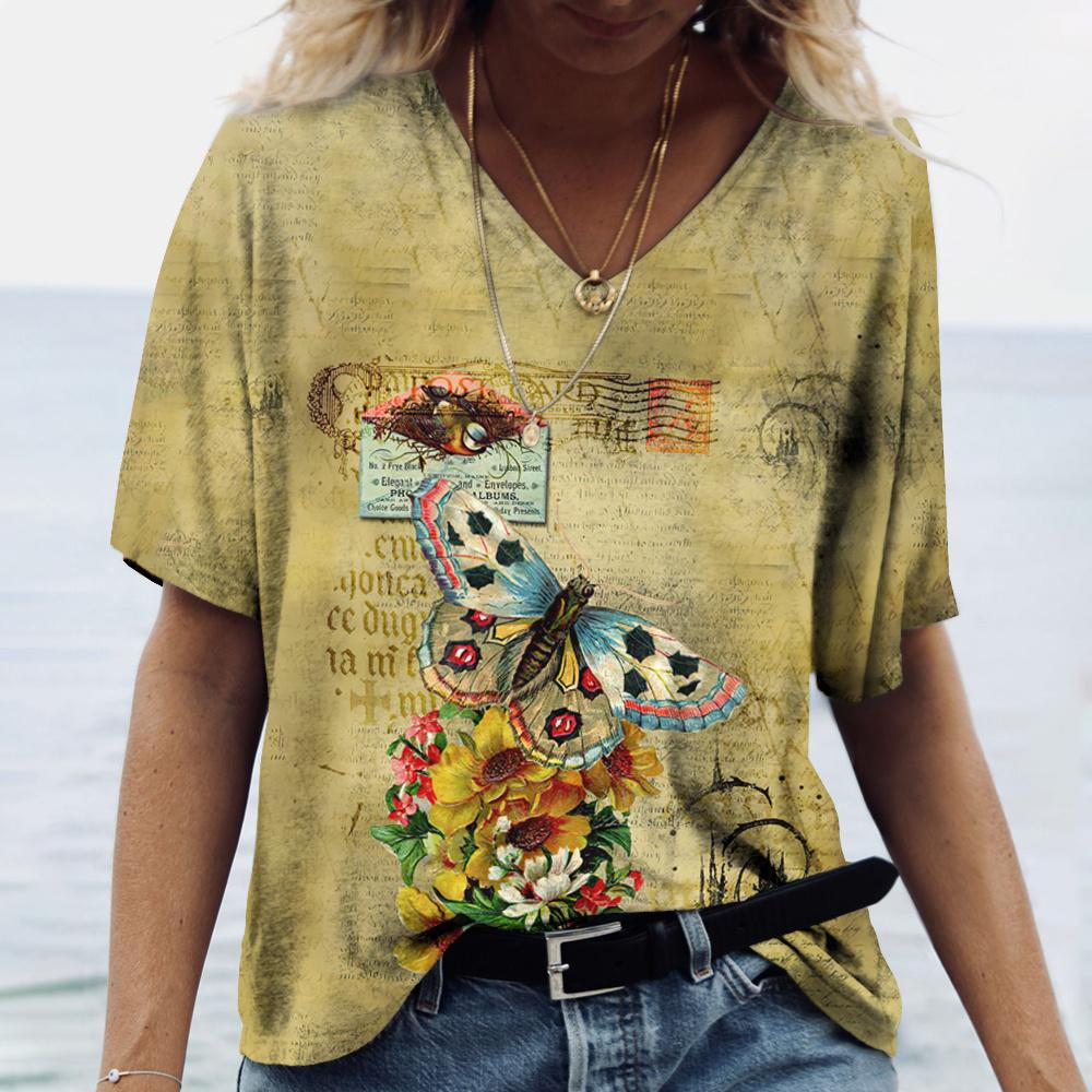2025 Summer Women's T-shirt Retro Casual V-neck Pullover Short-sleeved Butterfly Print Loose Daily