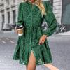 Spring Women Dress Round Neck Lace Applique Long Sleeves Button-down Lace-up Strap Slim