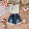 Летний комплект для девочек: топ без рукавов с оборками и джинсовые шорты