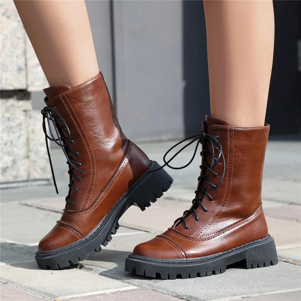 Мода 2025 Осень Зима Новые Ботинки Женские Женские На Высоком Каблуке На Шнуровке Ботильоны на Платформе Искусственная Кожа Женская Обувь Zapatos Mujer