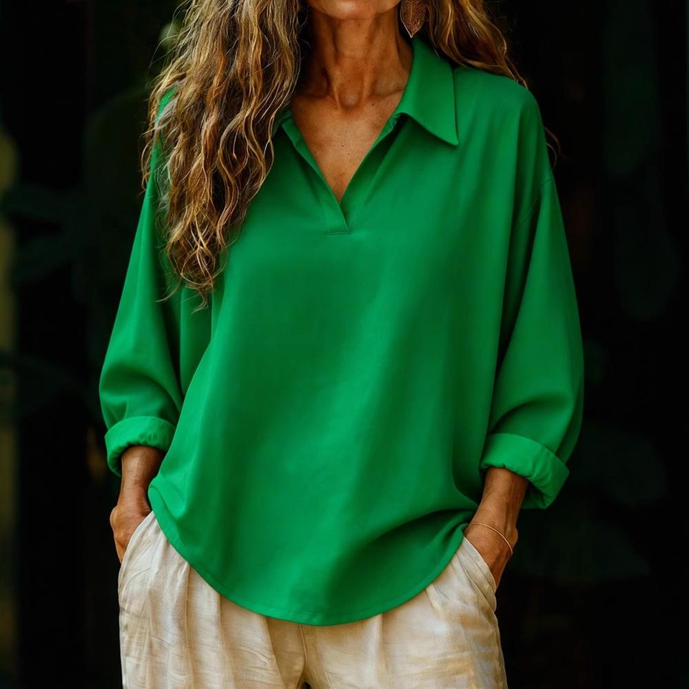 Женская весенняя рубашка Amazon с воротником, пуловер с длинным рукавом, однотонная, свободная женская рубашка