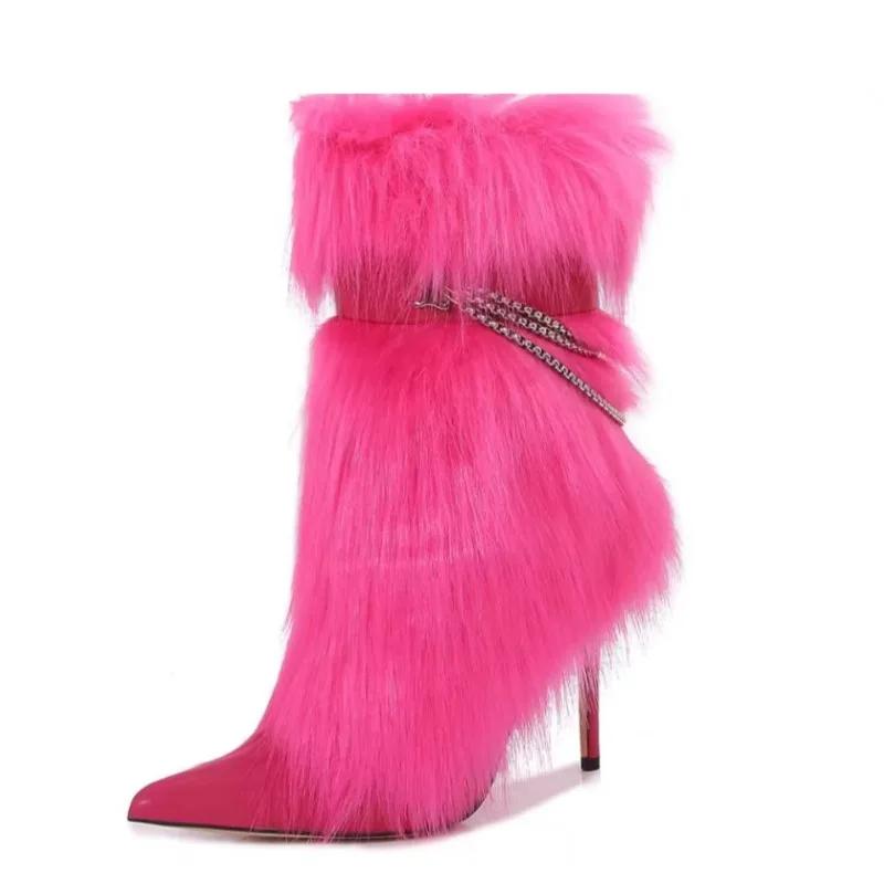 Модные Новые Туфли на Высоком Каблуке с Острым Носком, Нишевый Дизайн, Цепь, Волосатые Ботинки, Европейская Американская Мода, Черные, Красные, Острые, Сексуальные Женские Ботинки, Размер 43