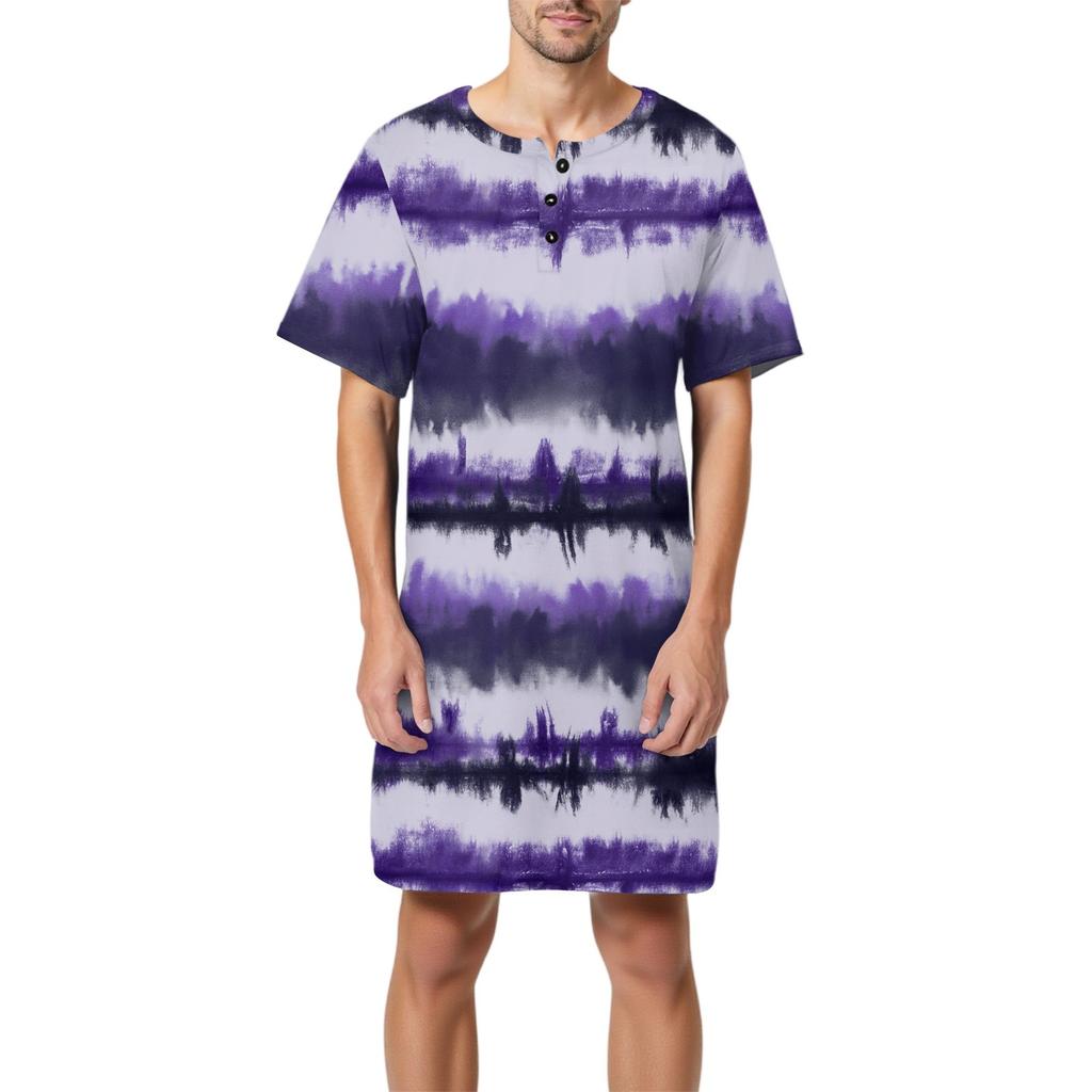 Мужская мода Принтованная хлопковая пижама с коротким рукавом Воротник на пуговицах Длинная свободная домашняя одежда