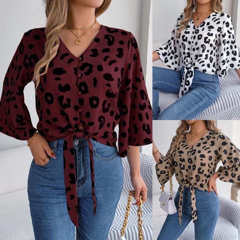 Fashion Long Sleeve Leopard Print Blouse Women Loose Elegant Casual Shirts for Women Vintage V Neck Lace Up Office Lady Tops 24118
