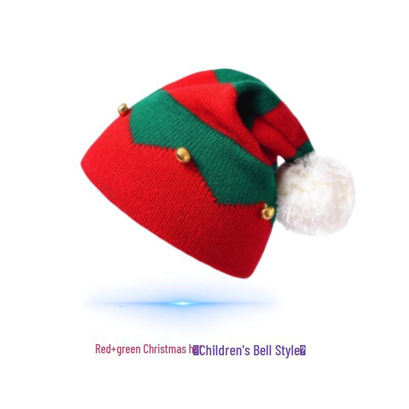 Рождественская детско-родительская вязаная шапка с колокольчиком и помпоном - Теплая праздничная шерстяная шапка