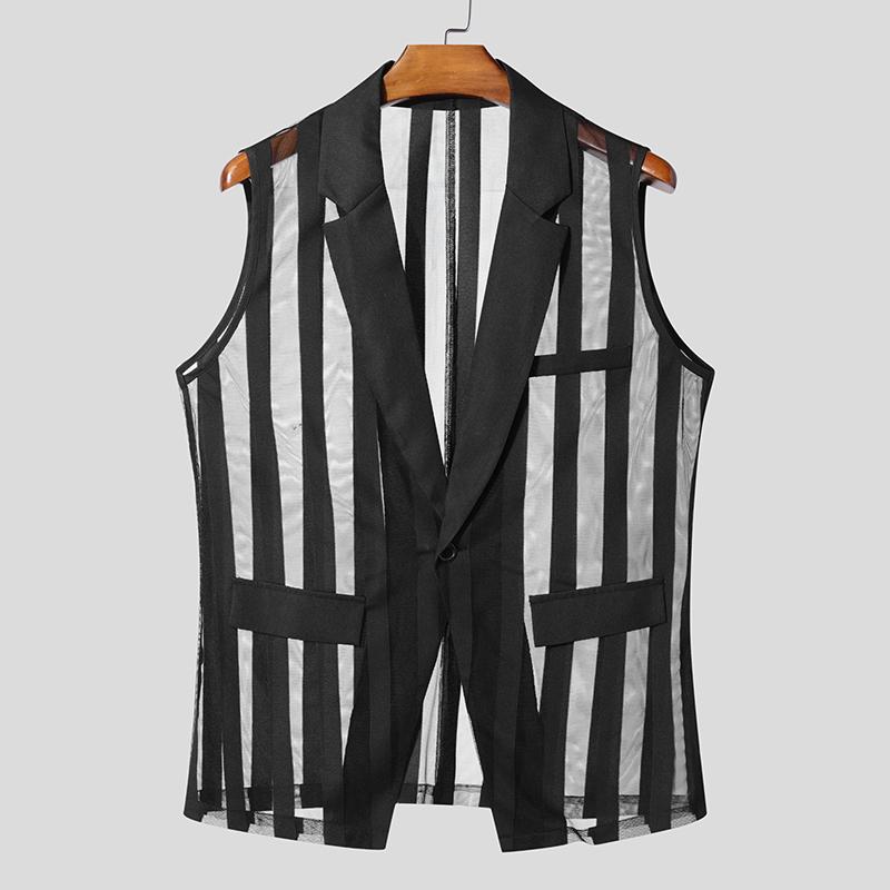 INCERUN Men Lapel Neck Sleeveless One Button Striped Mesh Sheer See Through Waistcoats