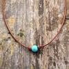 Bohemian Style Turquoise Bead Choker Necklace, Simple Vintage Retro Leather Cord Clavicle Chain