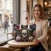 Vintage Skull Print Casual Tote Bag Dark Style Large Capacity Portable Shoulder Handbag for Daily Use