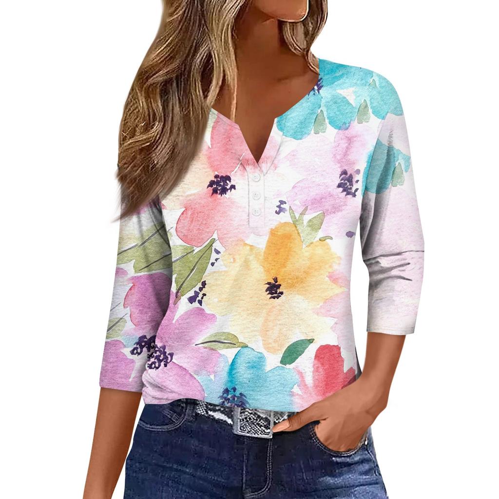 Женская модная повседневная футболка с коротким рукавом и V-образным вырезом, декоративными пуговицами и рукавом три четверти