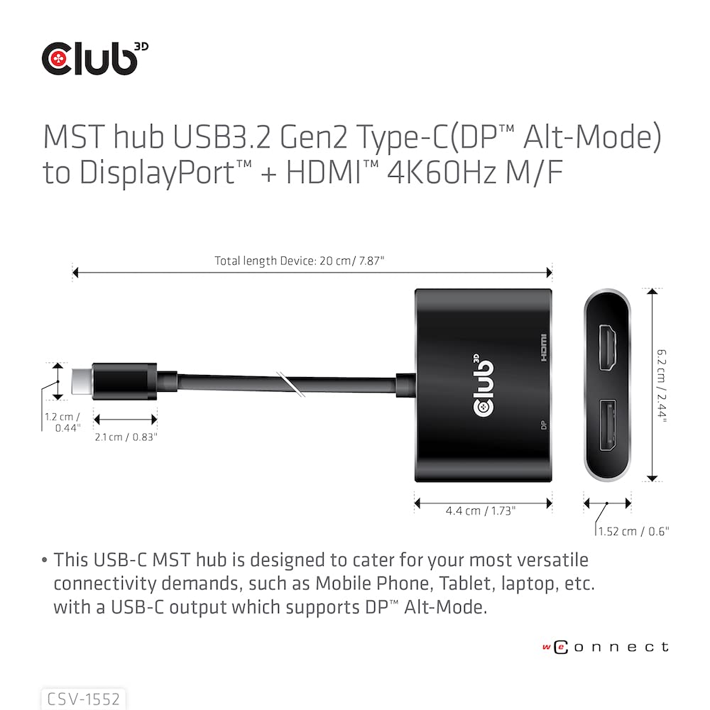 Club 3D MST-концентратор USB 3.2 Gen 2 Type-C (Альтернативный режим DP) Разветвитель-хаб на 2 дисплея DisplayPort + HDMI 4K60Hz, штекер/розетка (CSV-1552)