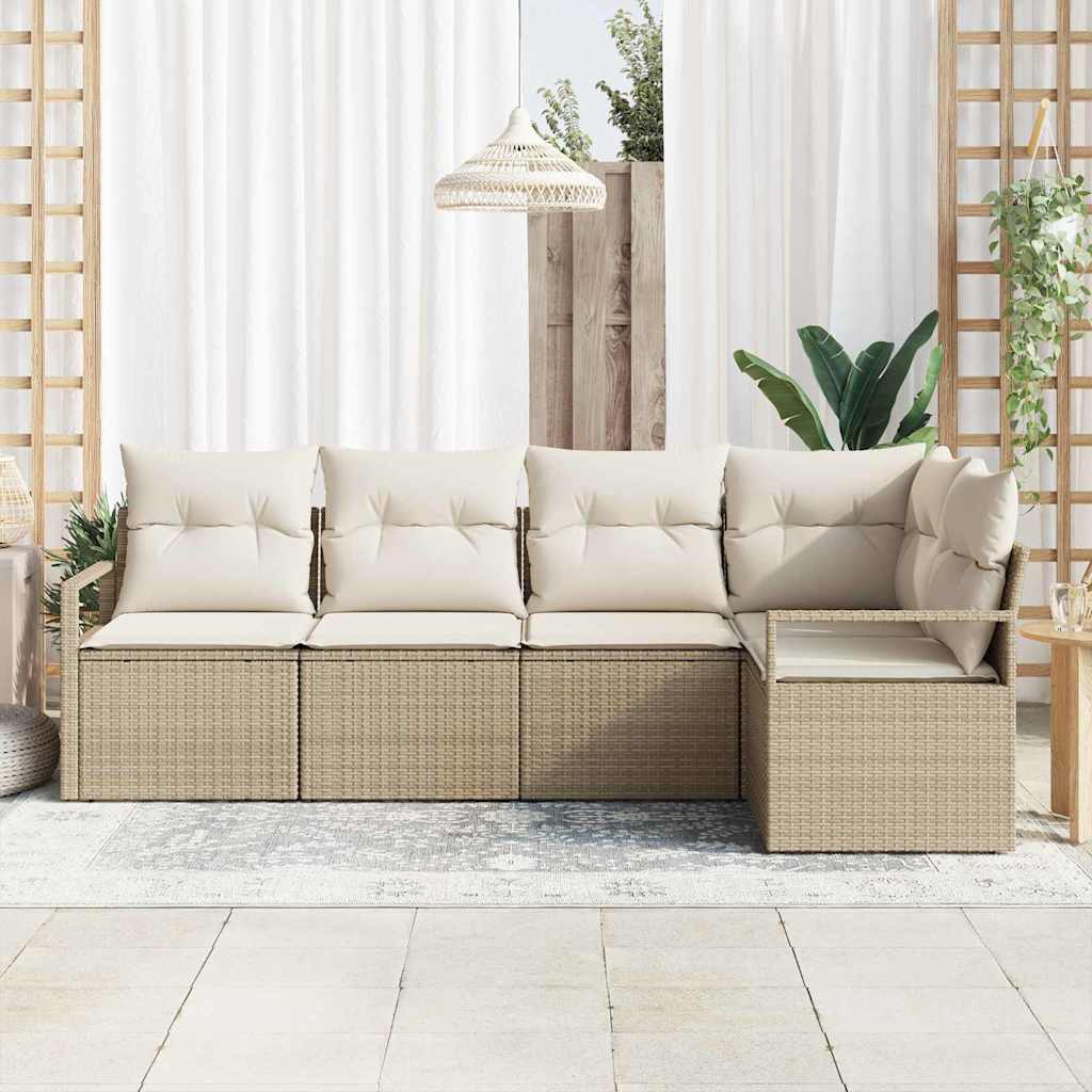 Sofa Set with Cushions 5 pcs Beige Poly Rattan