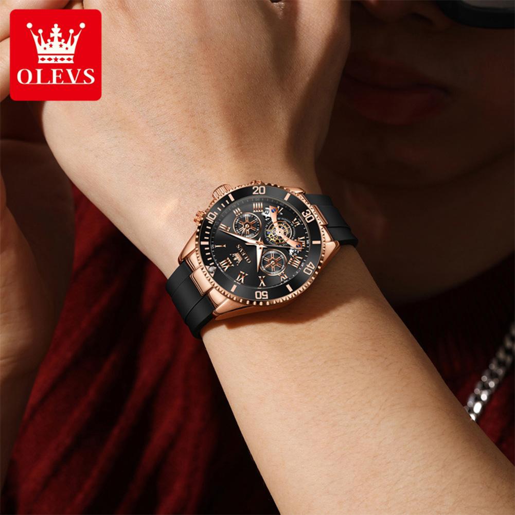 OLEVS Men's Watches Classic Trend Silicone Strap Original Quartz Wristwatch Flywheel Chronograph Waterproof Luminous Date 3730