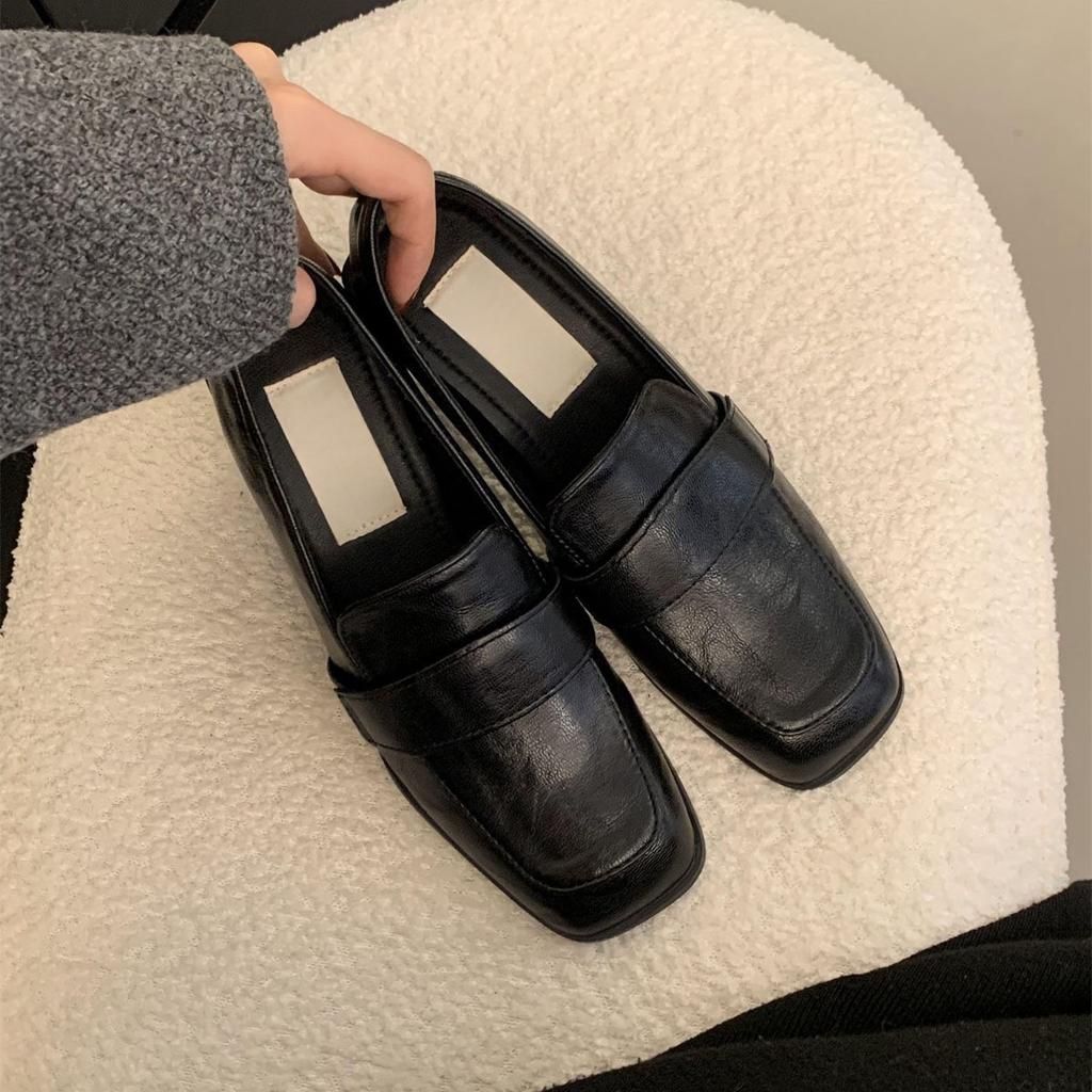 Черные мокасины с квадратным носком, ленивые, с одной педалью, на толстом высоком каблуке, маленькие кожаные туфли, универсальные французские туфли Мэри Джейн, женские, на среднем каблуке