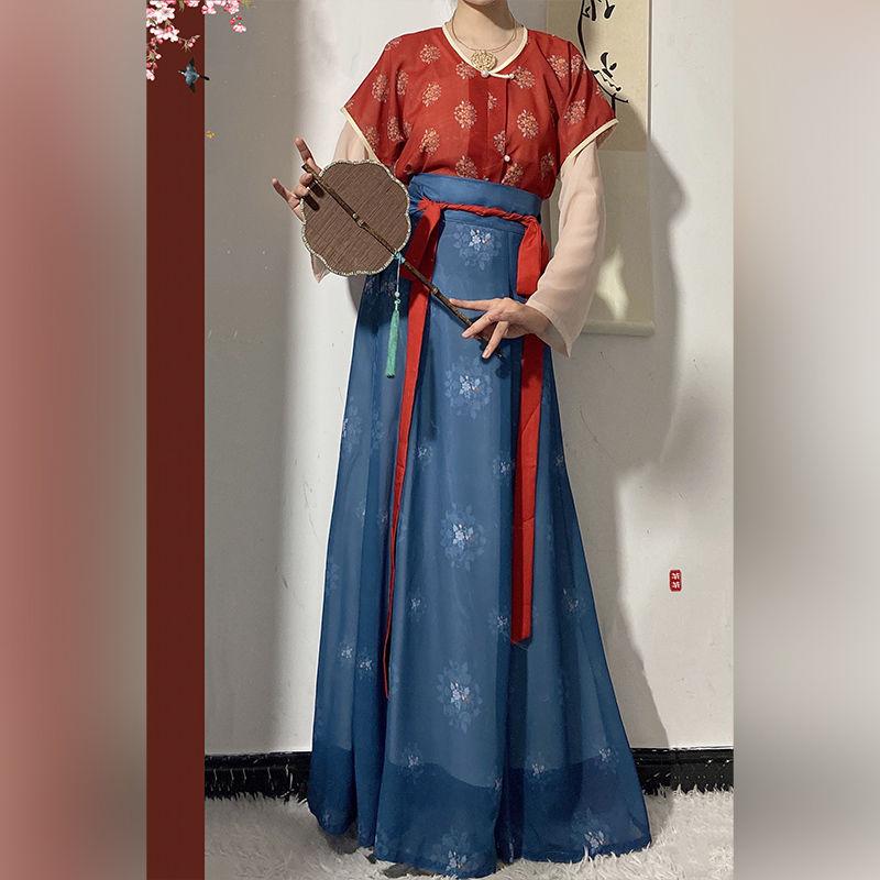 Китайский стиль династии Тан, традиционный ханьфу, повседневная рубашка с круглым вырезом и длинная юбка, женский комплект платьев