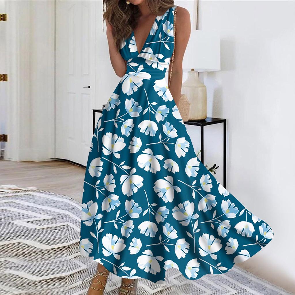 Женское длинное платье Платье макси Повседневное платье Летнее повседневное платье без рукавов с v-образным вырезом в стиле бохо с талией и принтом