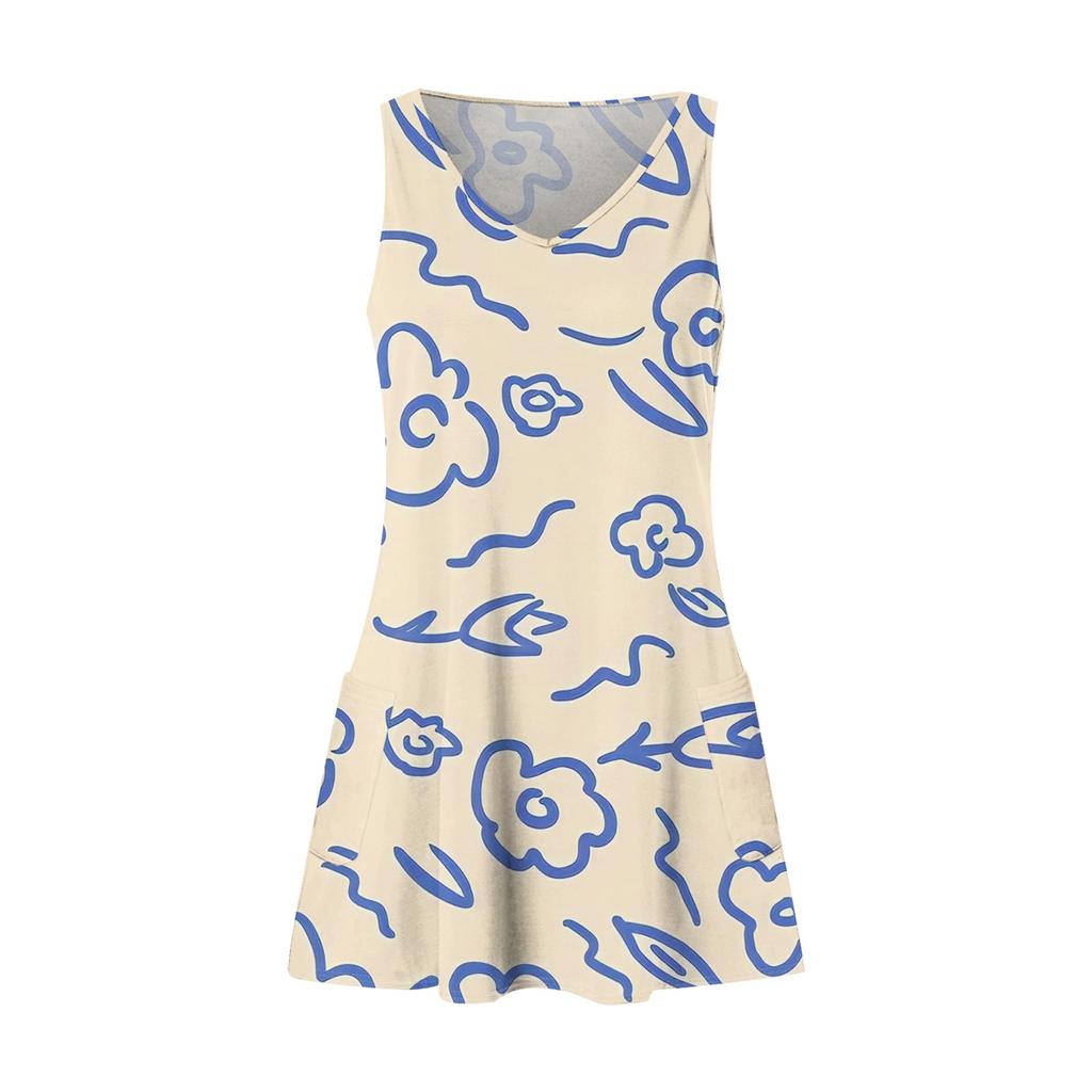 Женский повседневный сарафан с карманами, летнее пляжное платье в стиле бохо, блузки с принтом для женщин, футболки, платье с v-образным вырезом, свободные платья-майки