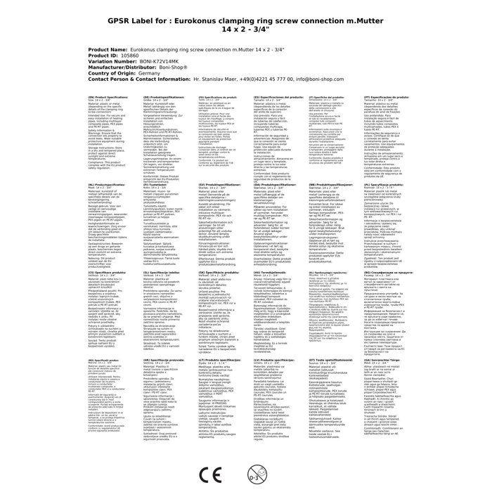 Eurokonus Compression Fitting with Nut 14 X 2 - 3/4"
