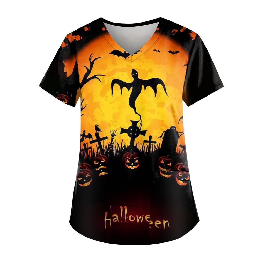 Плюс размер Хэллоуин печатная рабочая форма Топы для женщин футболки с v-образным вырезом и короткими рукавами рабочая одежда футболка с карманами