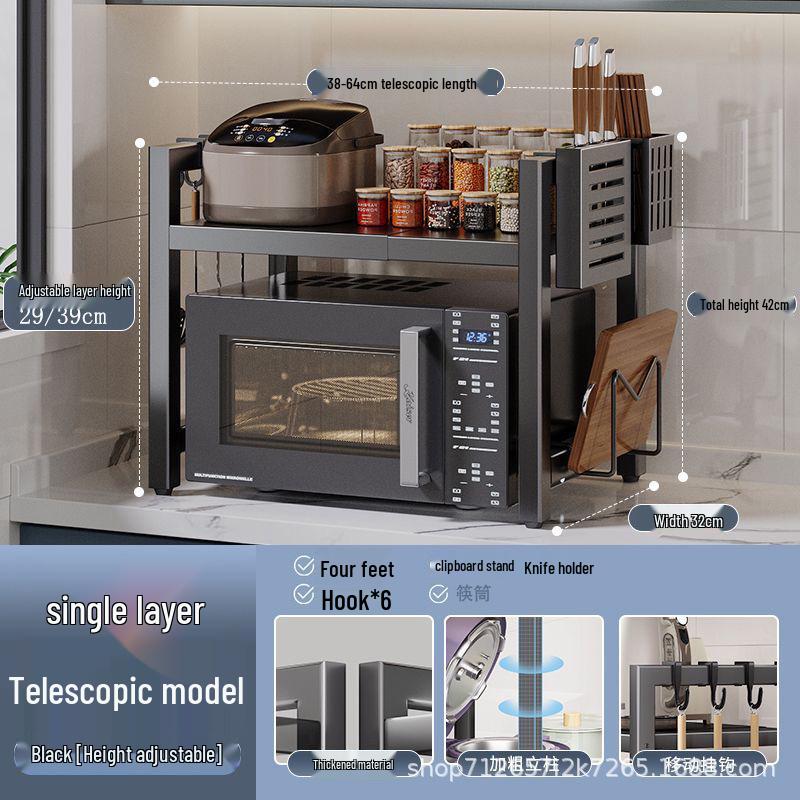 Retractable Floor-standing Microwave Shelf with Adjustable Height and Multi-Layer Storage for Kitchen Organization.