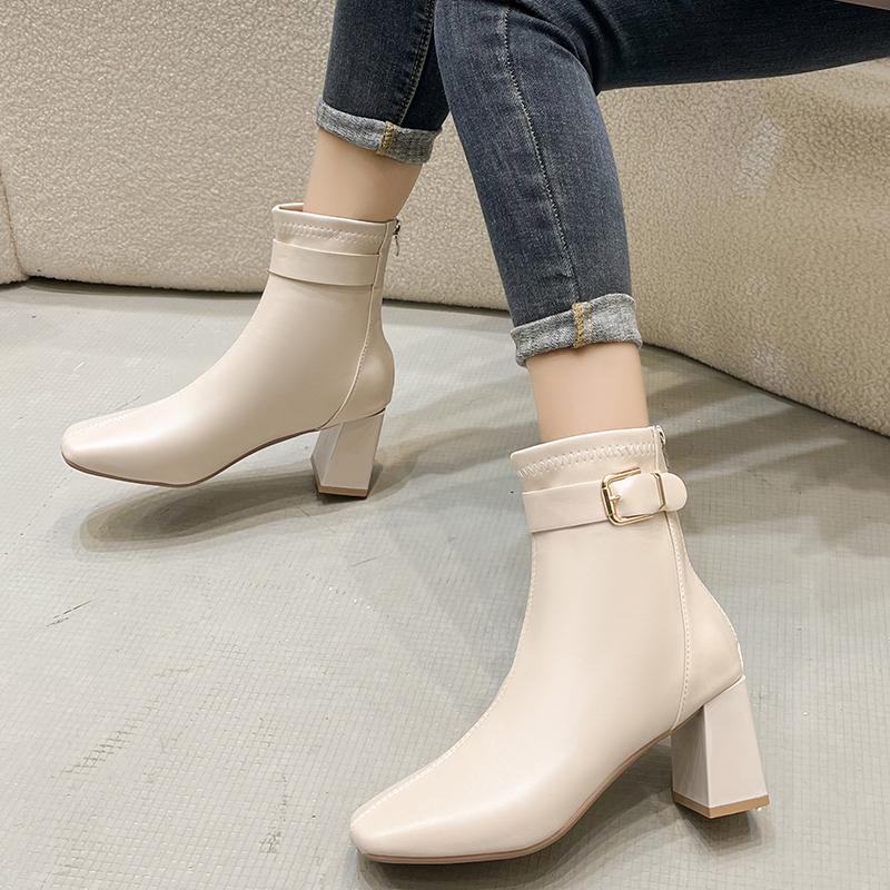 Горячие продажи однотонные универсальные зимние женские ботильоны с квадратным носком на молнии женские элегантные короткие сапоги на толстом высоком каблуке