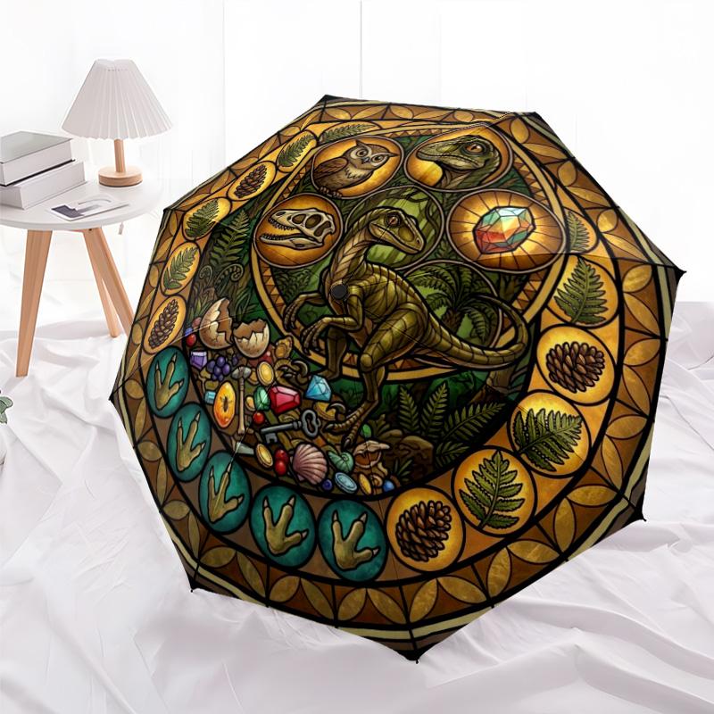 Dinosaur Glass Art pattern umbrella, portable and foldable design, 8 ribs, a casual accessory for Halloween, Christmas, and birthday gifts.