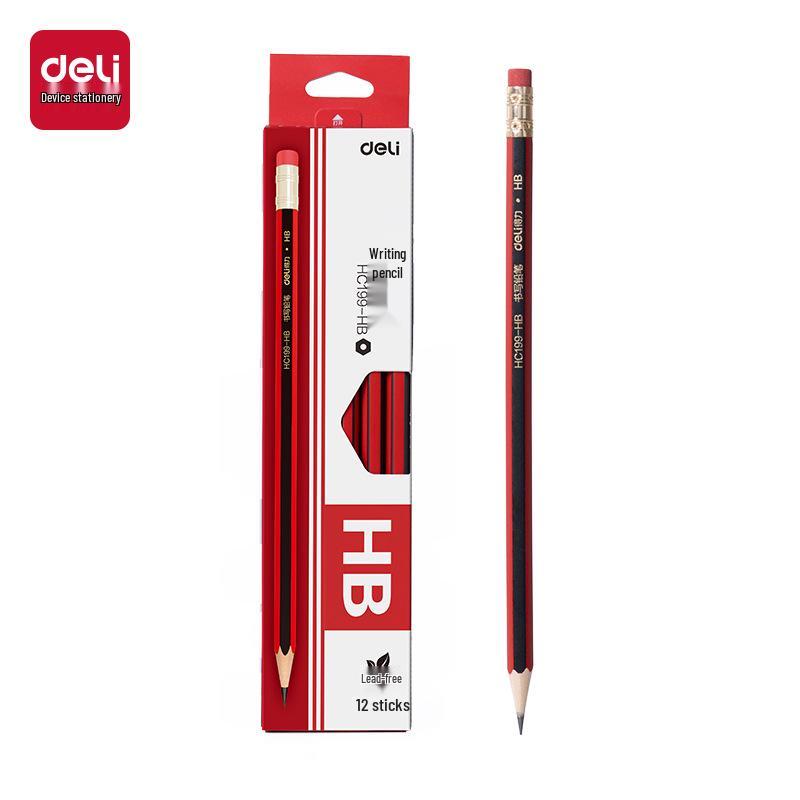 Deli HC199 Hexagonal Red/Black Striped 2B/HB Pencil with Eraser