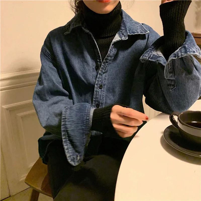 Женская куртка размера S-5XL, осенняя джинсовая куртка большого размера, синяя сотня рубашек, женские топы с длинными рукавами, свободная куртка-рубашка