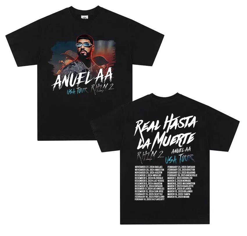 Rapper ANUEL AA Real Hastala Muerte Tour 2025 new Album T Shirt Unisex Retro Hip Hop Fashion Cotton Short Sleeve Tshirt Streetwear