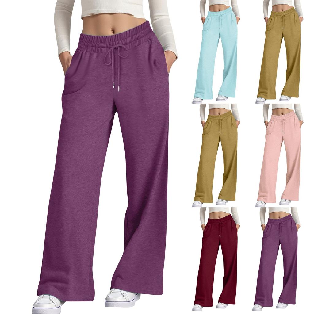 Women's Casual Fashion Solid Color Elastic Waist Drawstring Pockets Wide Leg Straight Pants