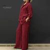 2 Pcs/Set Women Shirt Pants Set Loose Lapel Single-breasted Mid Length Long Sleeve Blouse Elastic Waist Wide Leg Trousers Daily Wear Clothes