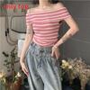 Striped Off Shoulder Sweater For Women With Slim Fit Short Sleeve Knit Top
