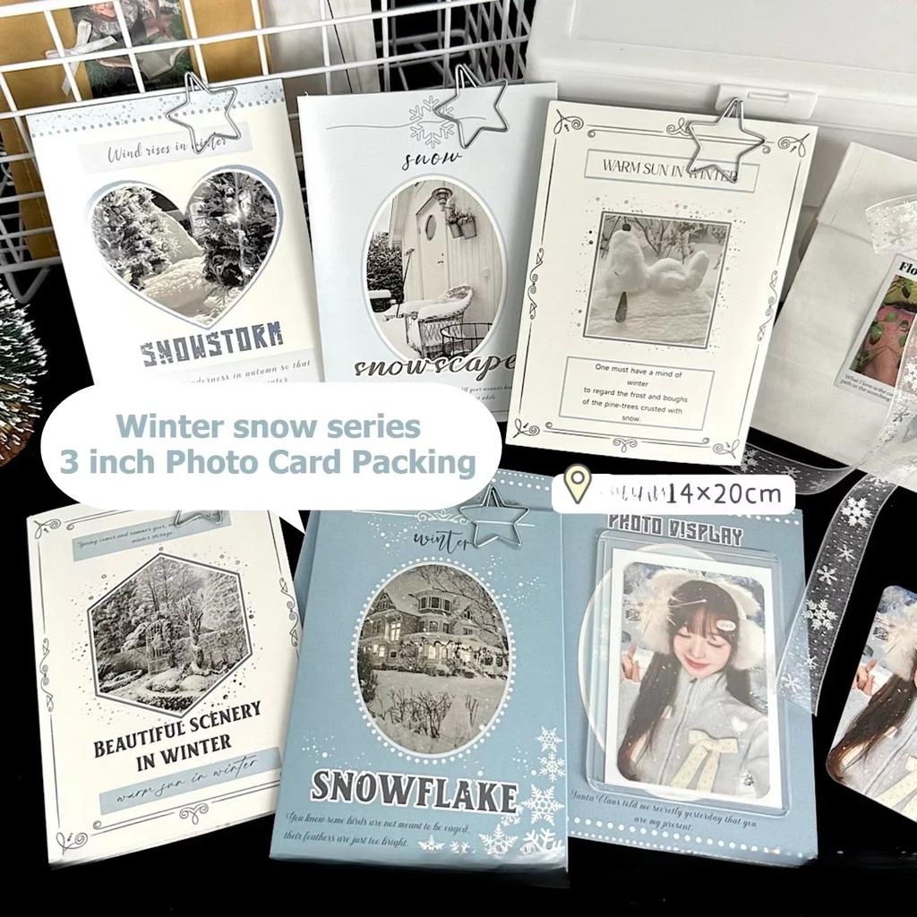 10Pcs INS Fresh Winter Snow Folding Card Back Korean Kpop Idol 3-inch Photocard DIY Packing Fixed Cardboard Girls Cute Packaging