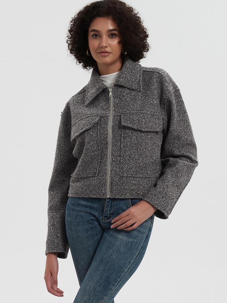 Женское пальто из серой шерсти в европейском и американском стиле с отложным воротником, большими карманами, для осени и зимы