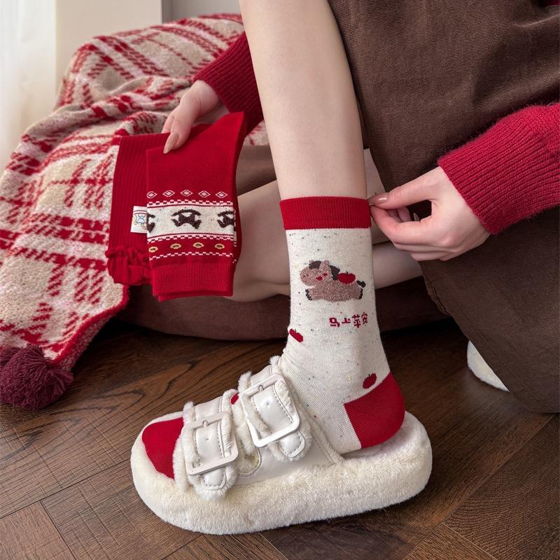 Сразу же Безопасные и Здоровые Красные Рождественские Носки Fair Isle для Женщин, Носки с Начесом до Середины Икры, Большие Красные Носки на Новый Год, Полностью Хлопковые
