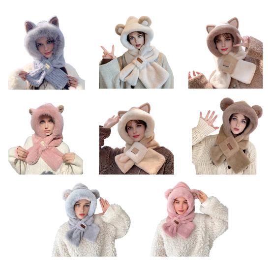 Thermal Elastic Scarf Hat Bear Ear Decor Autumn Winter 2 In 1 Scarf Hat Outdoor Activities Skiing Camping Warm Headwear