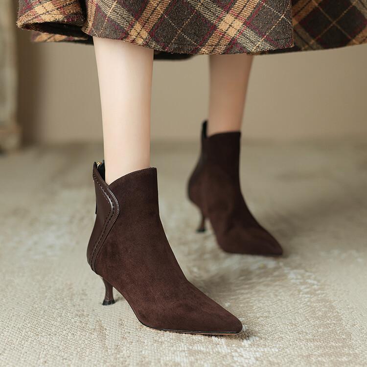 Мода 2025 Осень Женские Сапоги Острый Носок Овчина Замша Модные Сапоги для Женщин Зимние Сапоги Женские Zapatos Mujer Короткие Сапоги Высокий Каблук