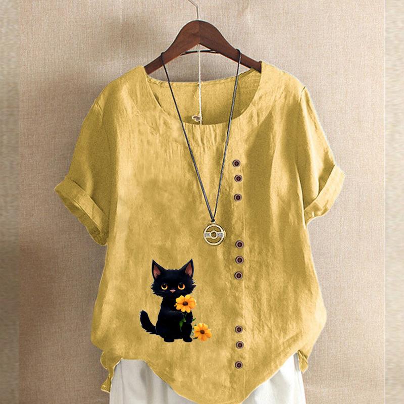 Женская модная футболка с коротким рукавом и милым принтом в виде кошачьего цветка, свободная хлопковая рубашка, повседневная свободная летняя блузка, топы больших размеров