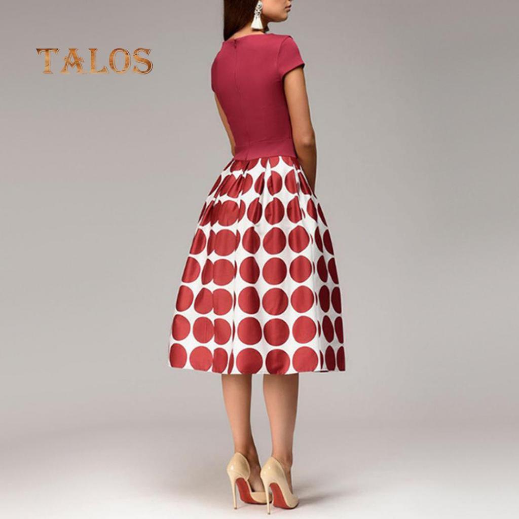 TALOS Женское свободное платье миди в горошек с короткими рукавами и круглым вырезом в стиле пэчворк