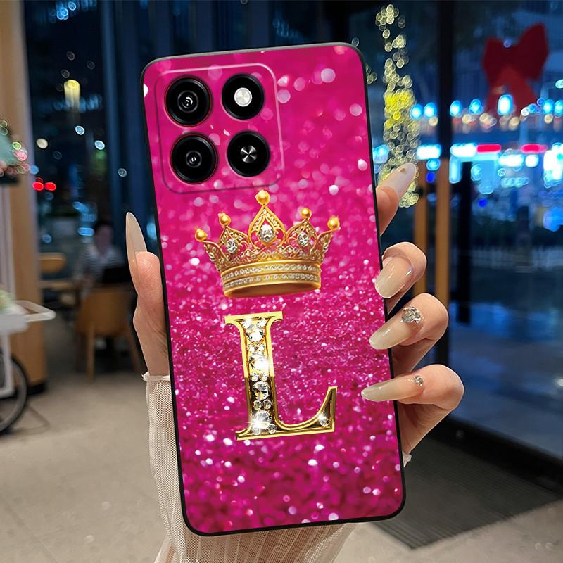 Cool Lucky A-Z Letter Phone Case For ZTE Blade A35/A55 Soft Silicone Black Case Shockproof Luxurious Glitter Crown Shell
