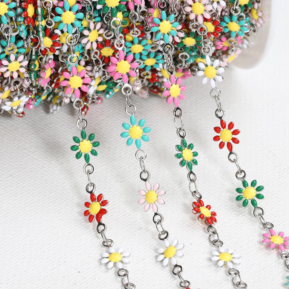 1Meter Stainless Steel Chain Colorful Enamel Daisy Flower Beaded Charm Paper Clip Chain for DIY Jewelry Making Necklace Bracelet