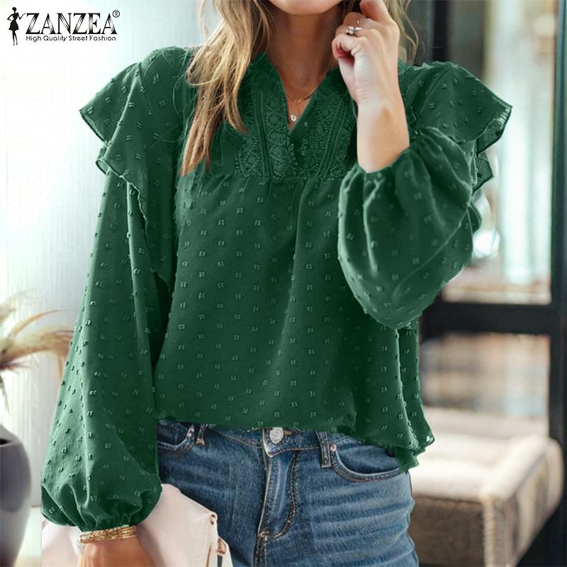 ZANZEA Women Vintage Stand Collar Lantern Long Sleeve Ruffle Blouses