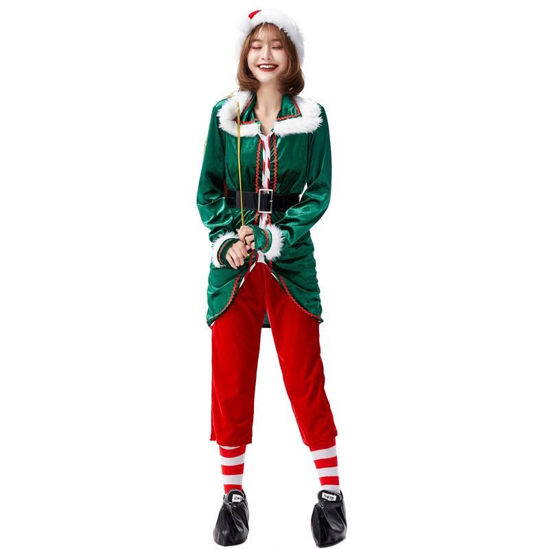 Adult Loose Christmas Costume Green Elf Santa Cosplay Outfit Festive Party Stage Wear