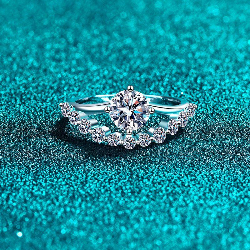 925 Sterling Silver Moissanite Crown Ring Cut Center Stone Pave Band Trendy Rhodium Plated Wedding Promise Jewelry for Women