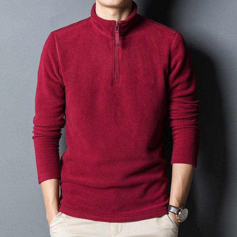 Men Sweatshirt Long Sleeve Zipper Stand Collar Pullover Polar Fleece Neck Mid Length Men