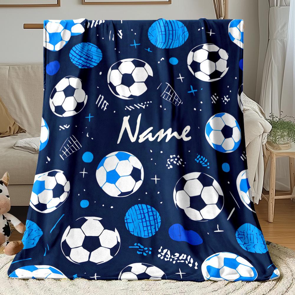 Custom Soccer Ball Fleece Blanket Personalized Name Blue White Sports Throw Soft Warm All Season Bedding Gift for Kids