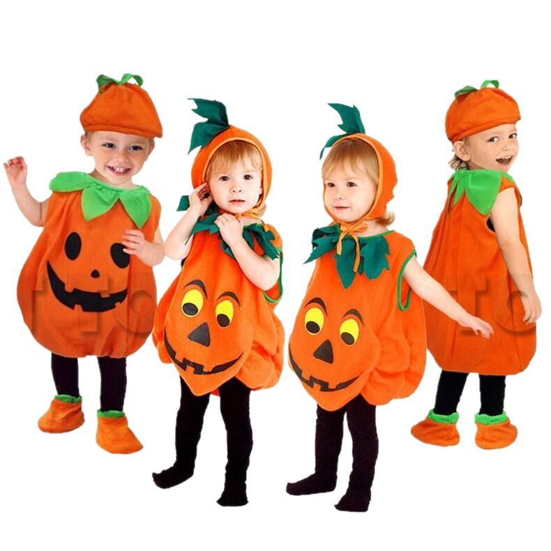 Kids Pumpkin Halloween Costume Set Boys Girls Cute Pumpkin Jumpsuit with Hat And Candy Bag Halloween Party Stage Performance