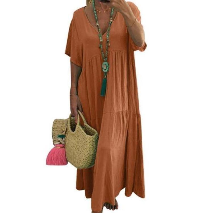 Женское летнее платье макси из хлопка и льна, свободное, повседневное, с V-образным вырезом, с короткими рукавами, струящееся, пляжное, на бретелях, многоярусное